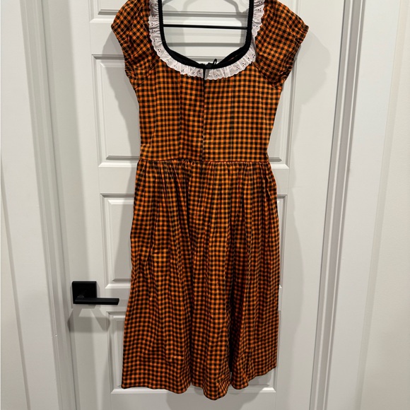 Vixen by Micheline Pitt Orange Checkered Midi Dress with Black Accents - Picture 4 of 5